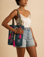 Shell Tassel Handcrafted Tote Bag — Teal Tapestry