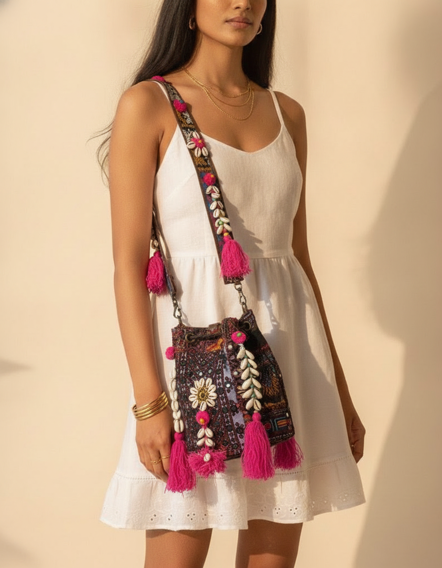 Shell Tassel Handcrafted Bucket Bag — Blackberry Bloom (Medium)