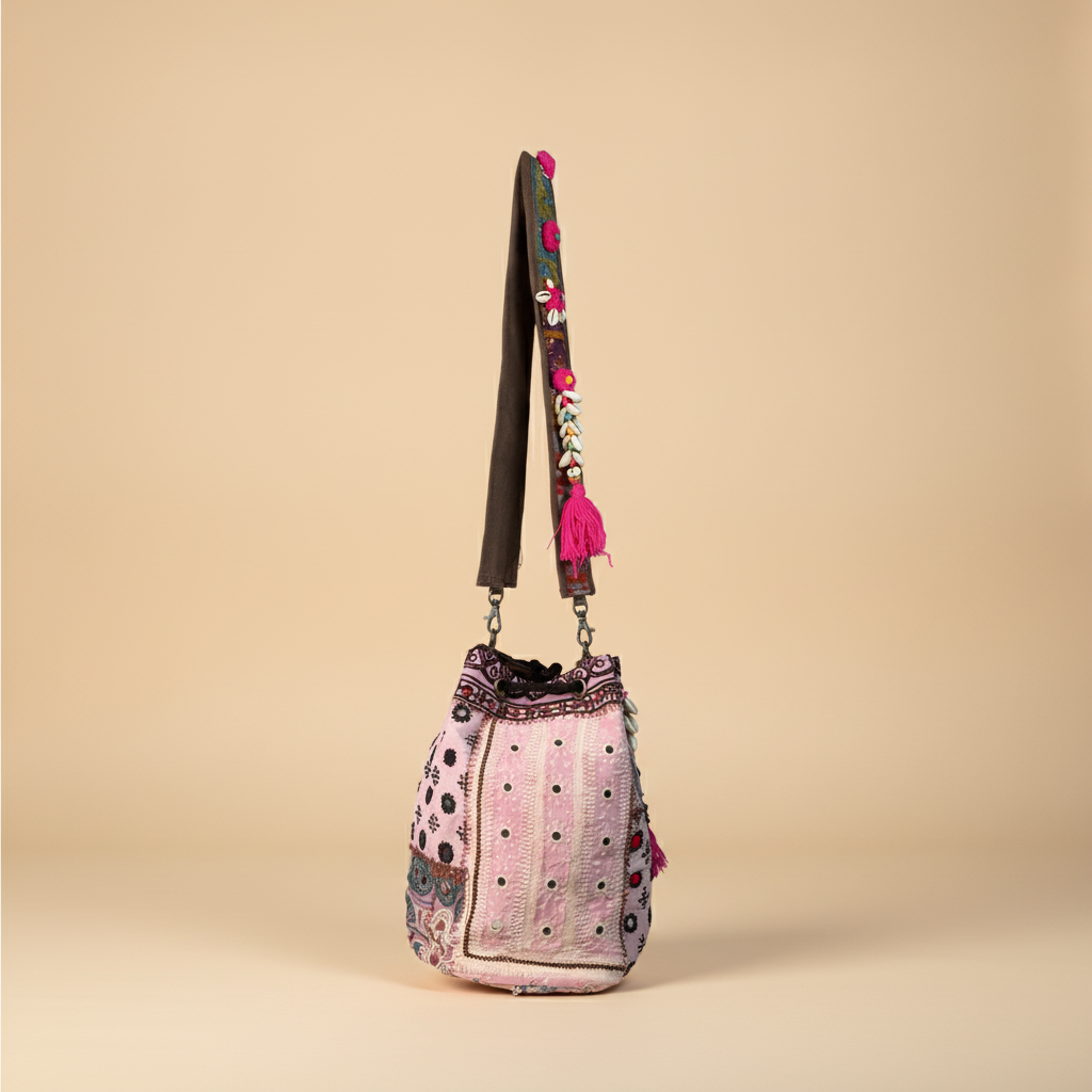 Shell Tassel Handcrafted Bucket Bag — Blush Bloom (Medium)