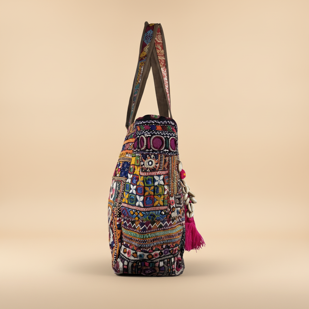 Shell Tassel Handcrafted Tote Bag — Charcoal Tapestry