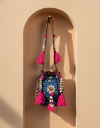 Shell Tassel Handcrafted Bucket Bag — Azure Dahlia (Medium)