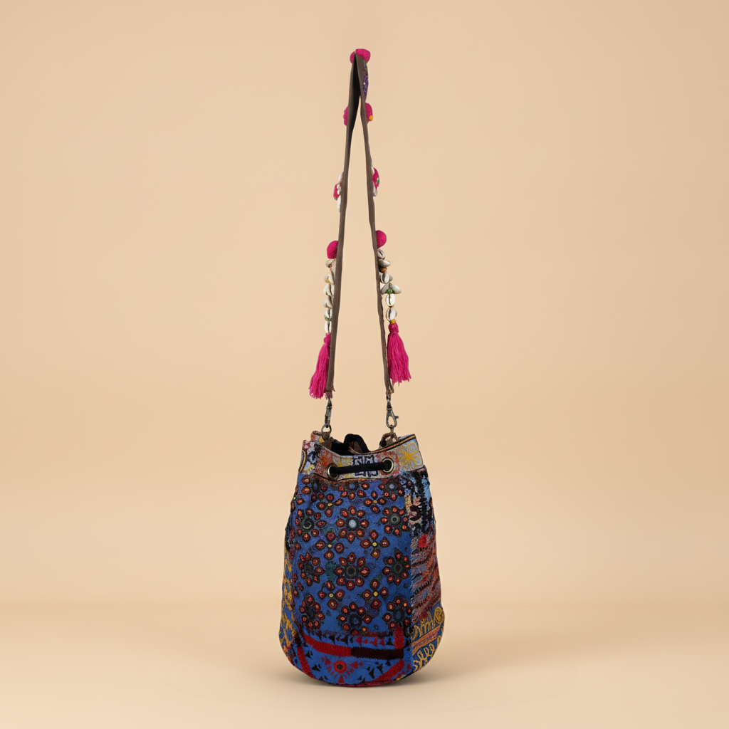 Shell Tassel Handcrafted Bucket Bag — Cobalt Aura (Medium)