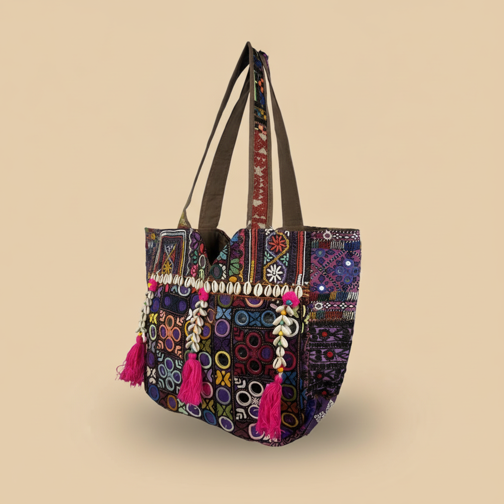 Shell Tassel Handcrafted Tote Bag — Merlot Mosaic