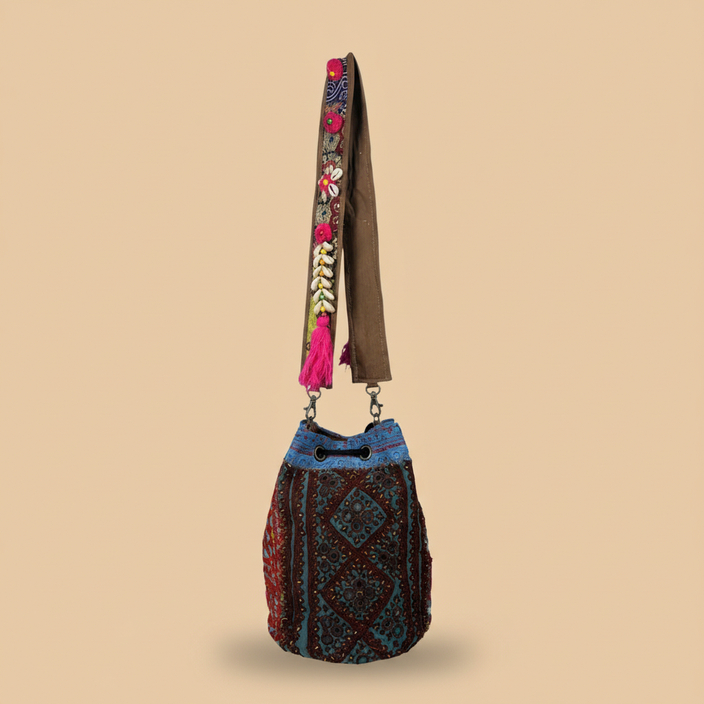 Shell Tassel Handcrafted Bucket Bag — Sapphire Ring (Medium)