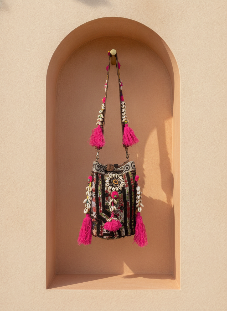 Shell Tassel Handcrafted Bucket Bag — Currant Bloom (Medium)