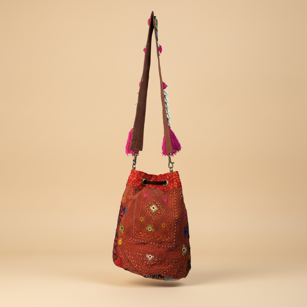 Shell Tassel Handcrafted Bucket Bag — Terracotta Spark (Medium)