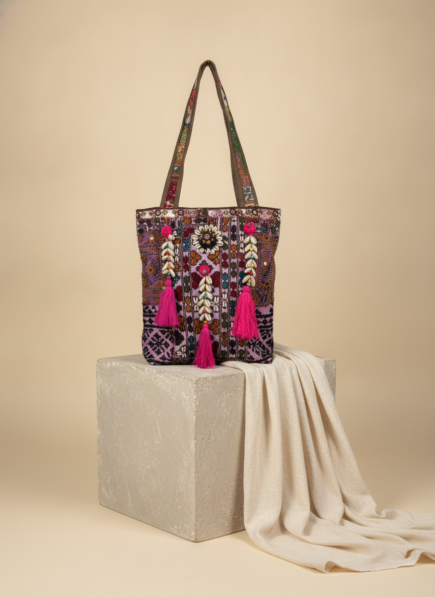 Shell Tassel Handcrafted Tote Bag — Walnut Mosaic