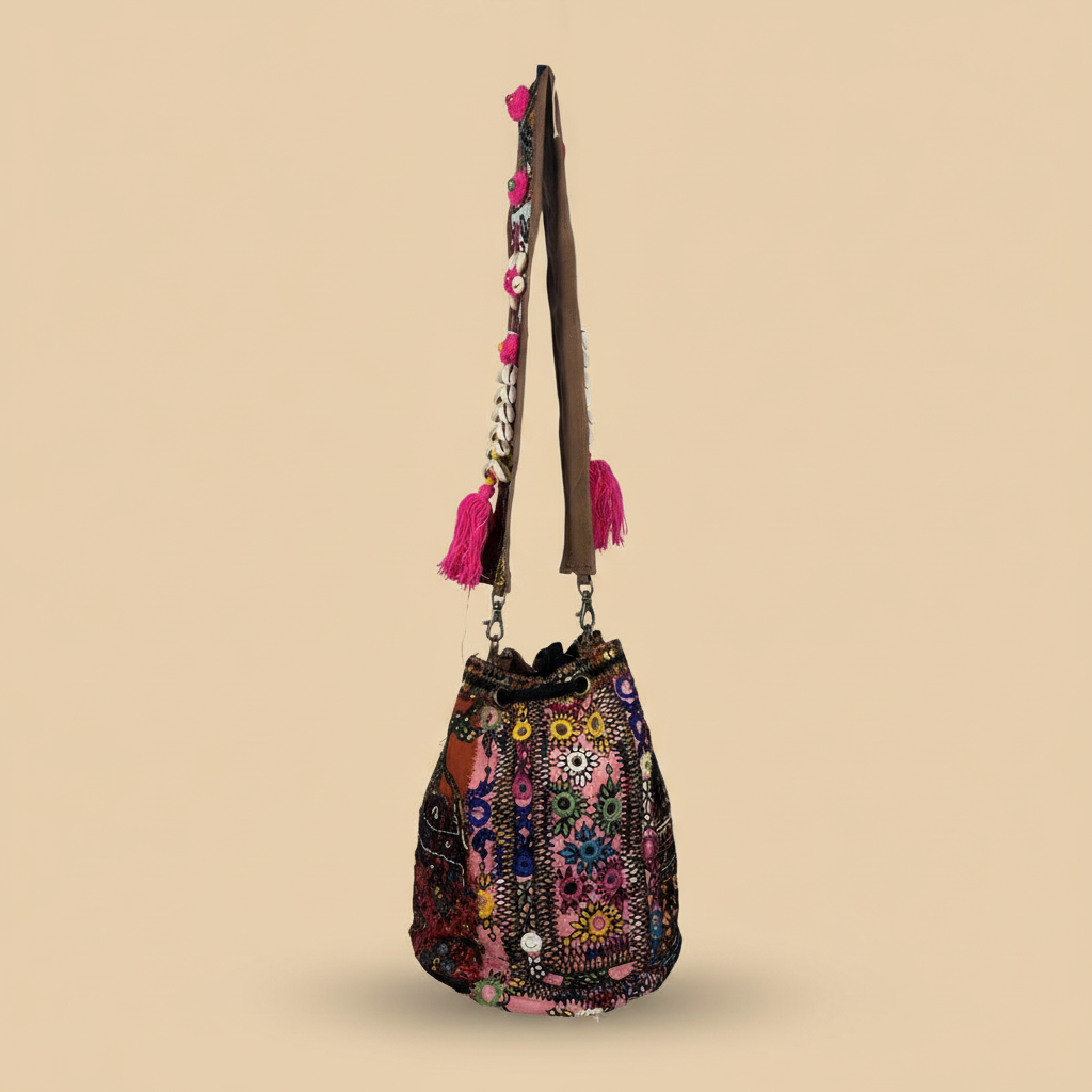 Shell Tassel Handcrafted Bucket Bag — Garnet Bloom (Medium)