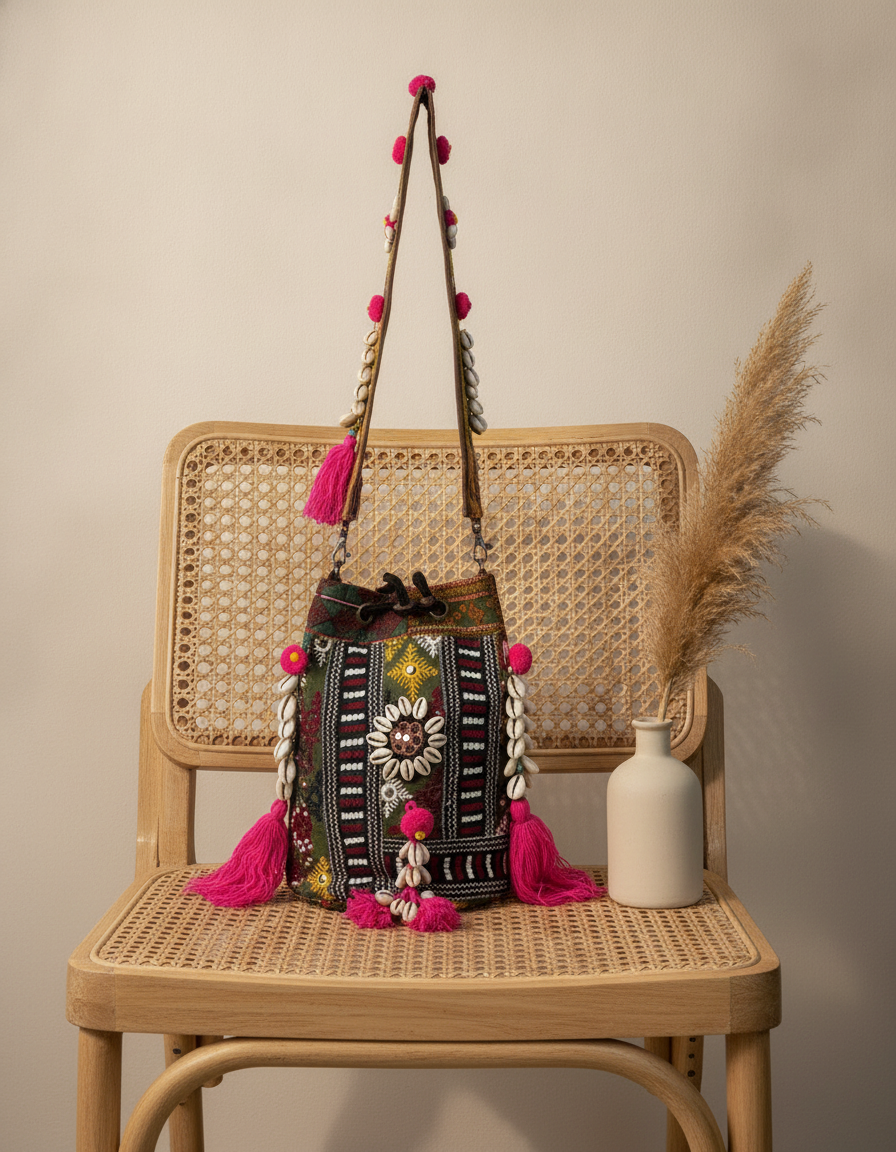 Shell Tassel Handcrafted Bucket Bag — Hazel Bloom (Medium)
