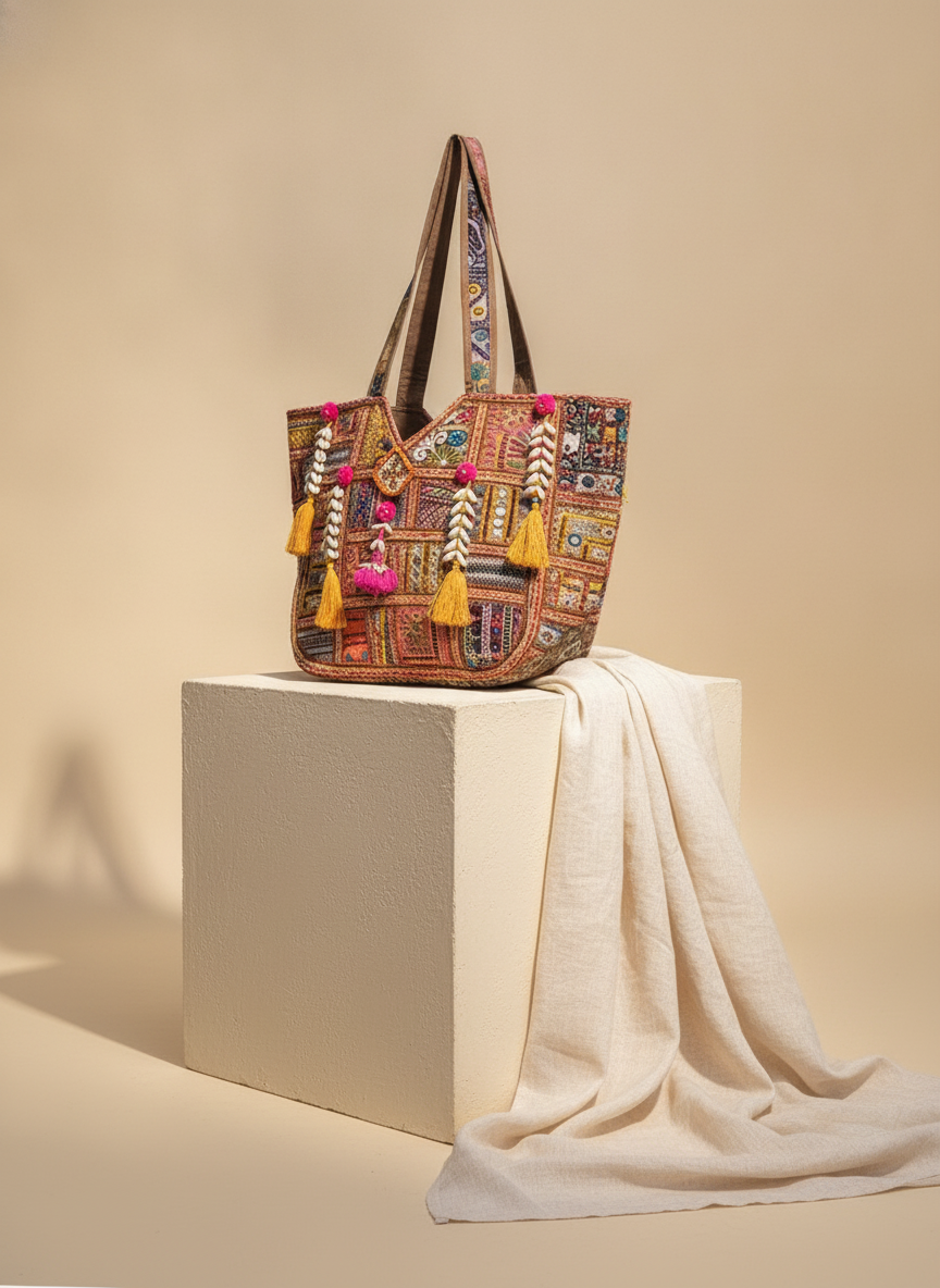 Shell Tassel Handcrafted Oversized Tote Bag — Terracotta Compass