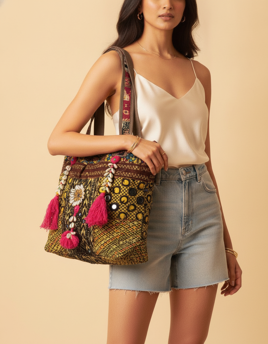 Shell Tassel Handcrafted Tote Bag — Moss Rajwada