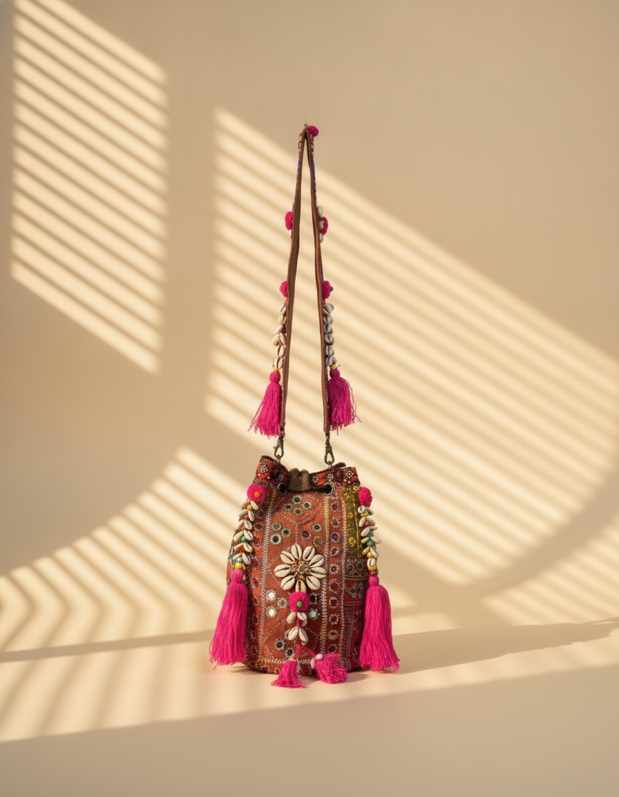 Shell Tassel Handcrafted Bucket Bag — Poppy Bloom (Medium)