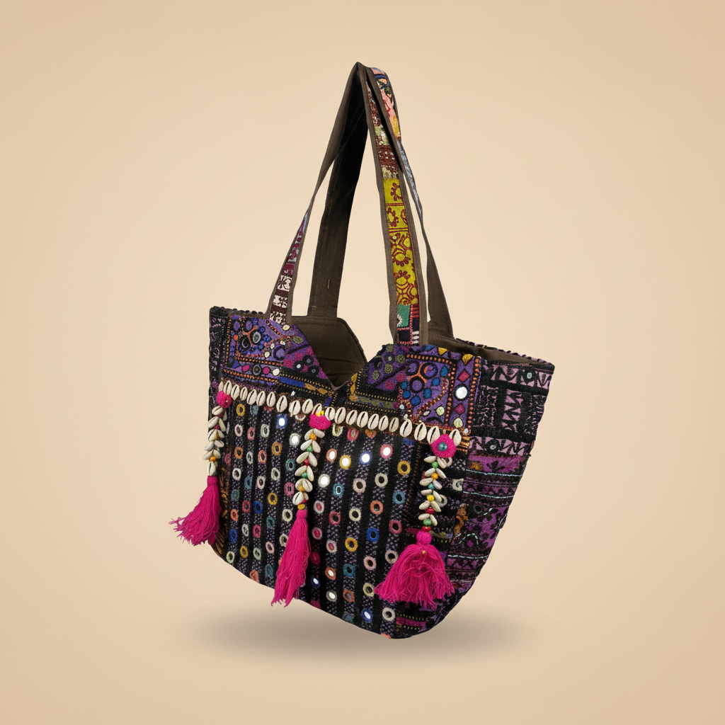 Shell Tassel Handcrafted Tote Bag — Indigo Tapestry