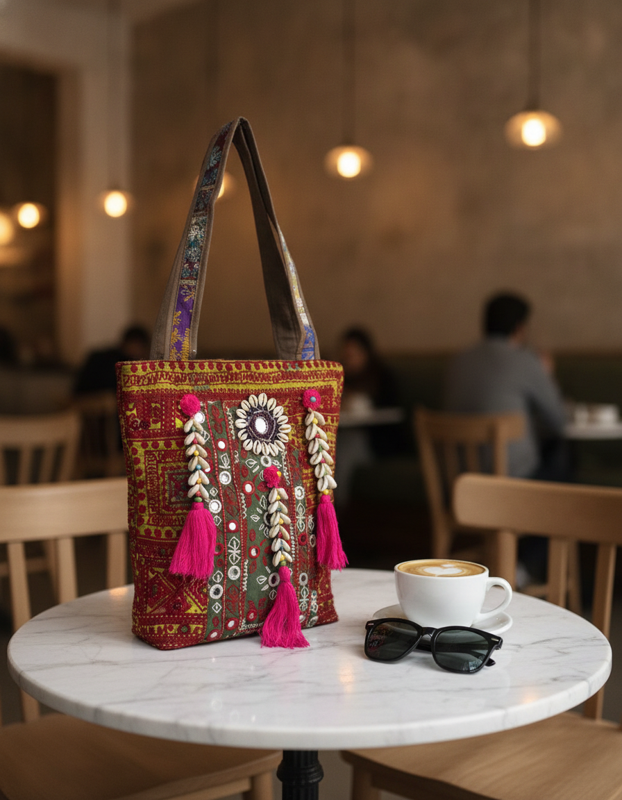 Shell Tassel Handcrafted Tote Bag — Crimson Mosaic