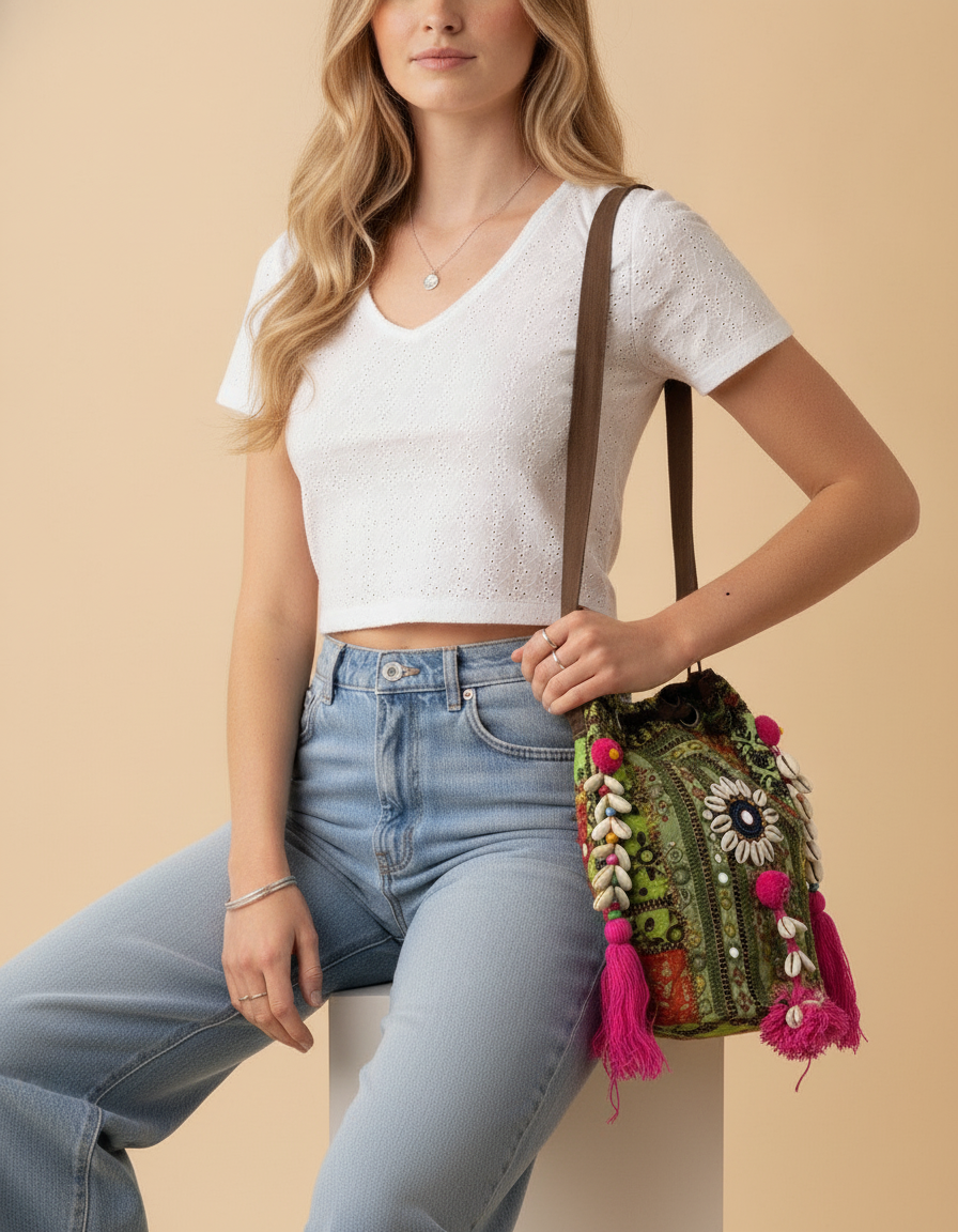 Shell Tassel Handcrafted Bucket Bag — Fern Prism (Medium)