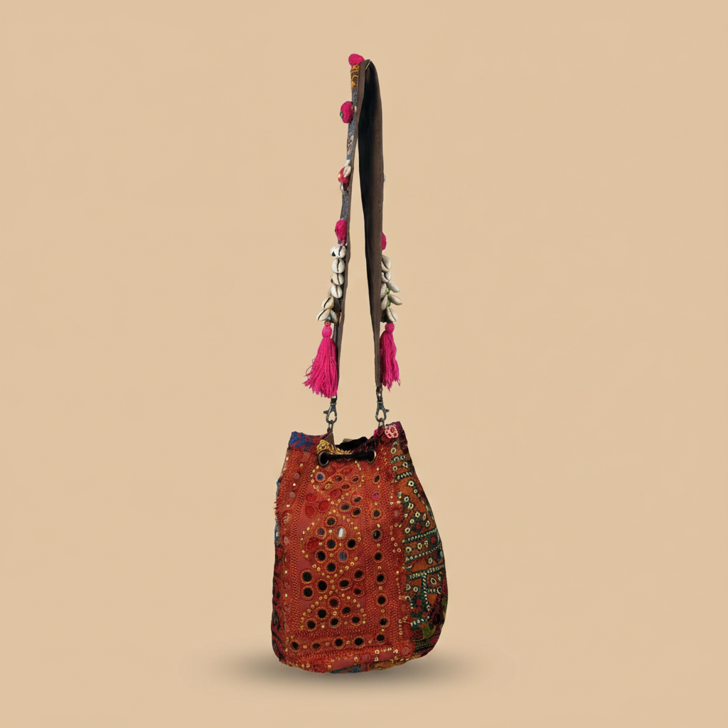 Shell Tassel Handcrafted Bucket Bag — Vermilion Spark (Medium)