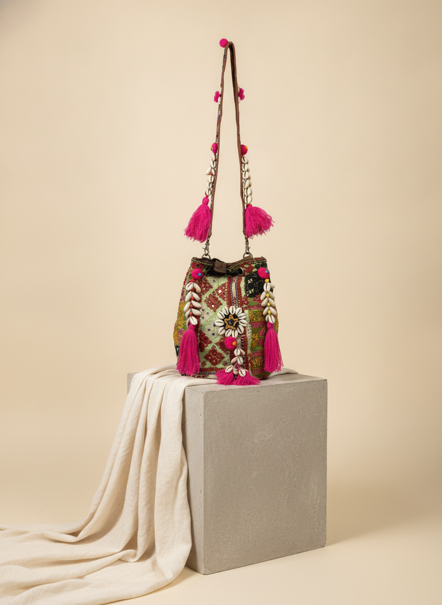 Shell Tassel Handcrafted Bucket Bag — Crimson Bloom (Medium)