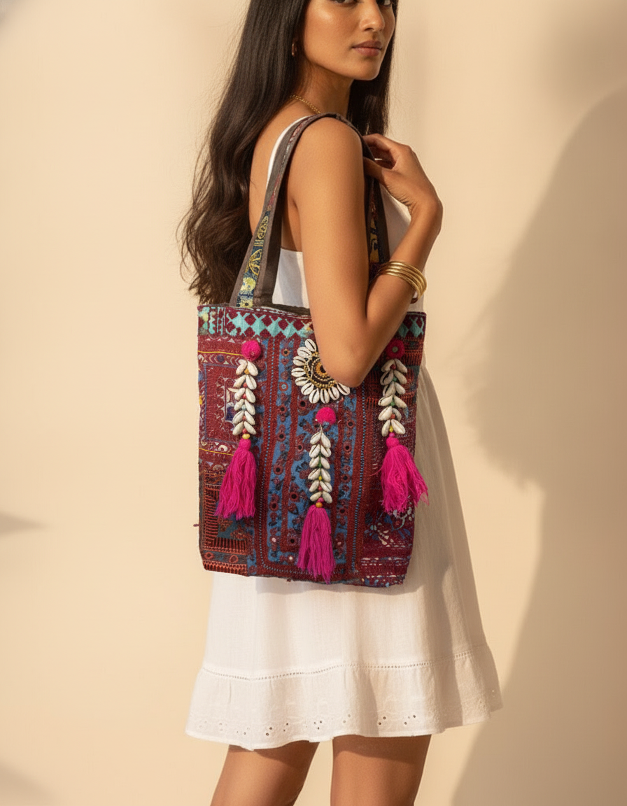 Shell Tassel Handcrafted Tote Bag — Garnet Fringe