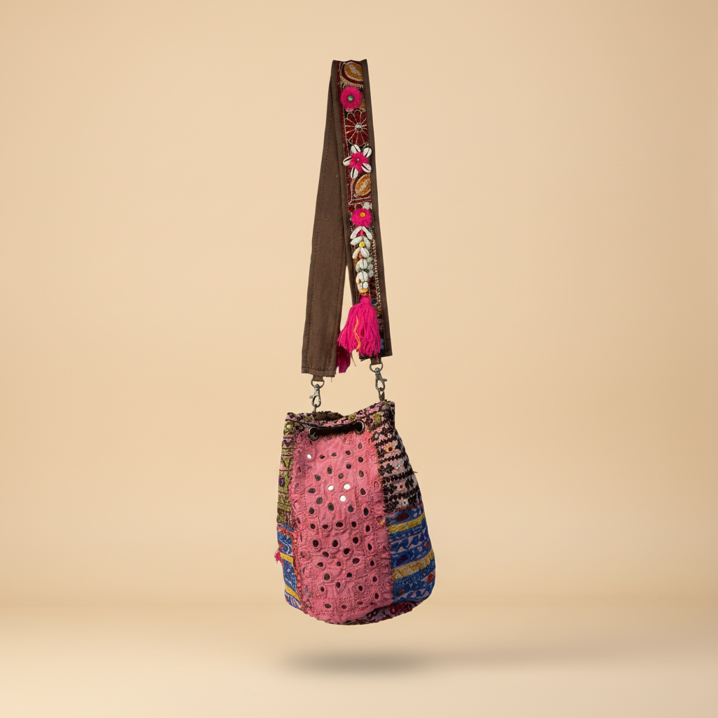 Shell Tassel Handcrafted Bucket Bag — Heather Bloom (Medium)