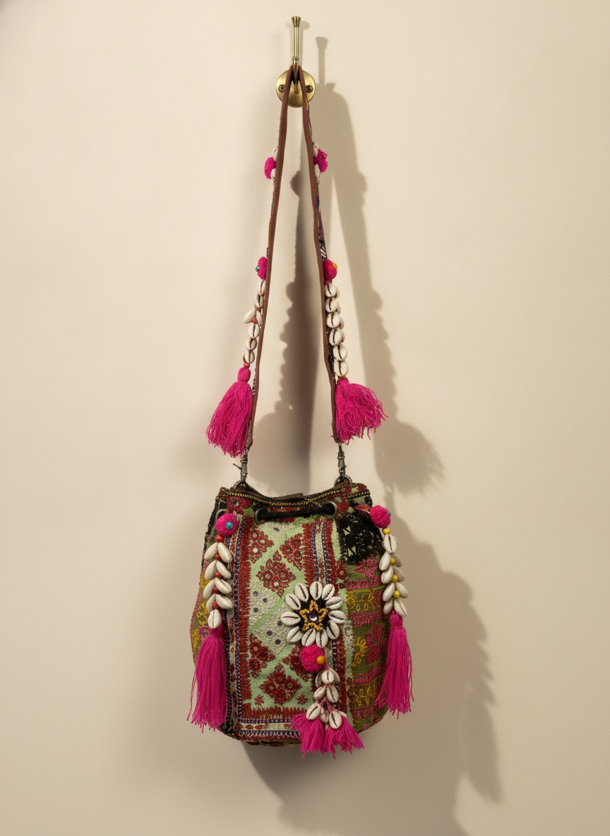 Shell Tassel Handcrafted Bucket Bag — Crimson Bloom (Medium)