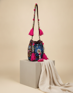 Shell Tassel Handcrafted Bucket Bag — Azure Dahlia (Medium)