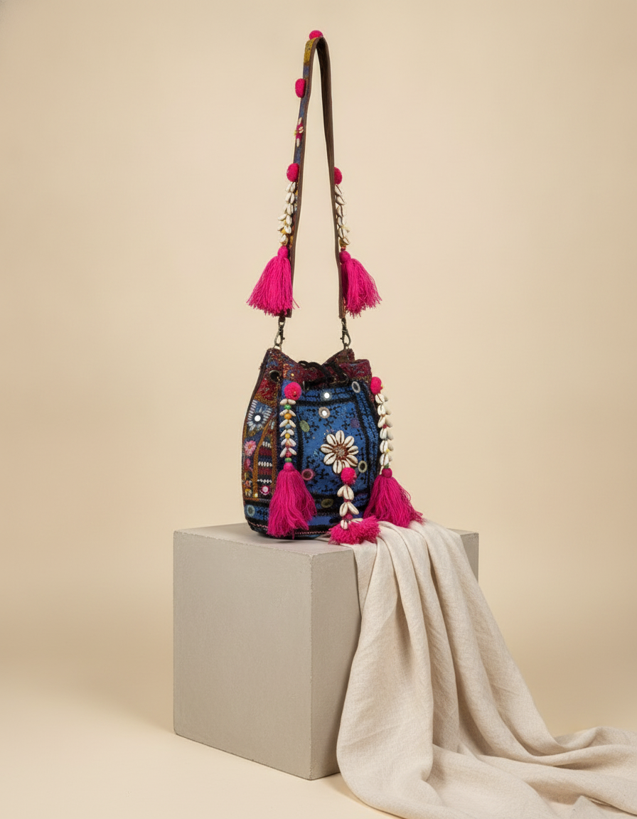 Shell Tassel Handcrafted Bucket Bag — Azure Dahlia (Medium)