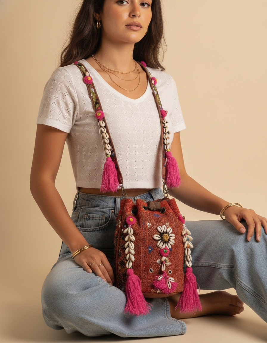 Shell Tassel Handcrafted Bucket Bag — Terracotta Spark (Medium)