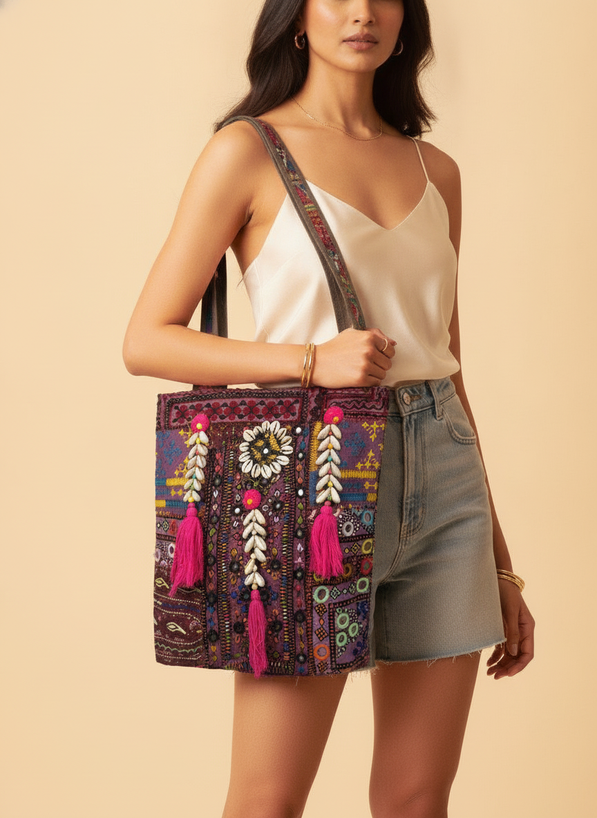 Shell Tassel Handcrafted Tote Bag — Merlot Fringe