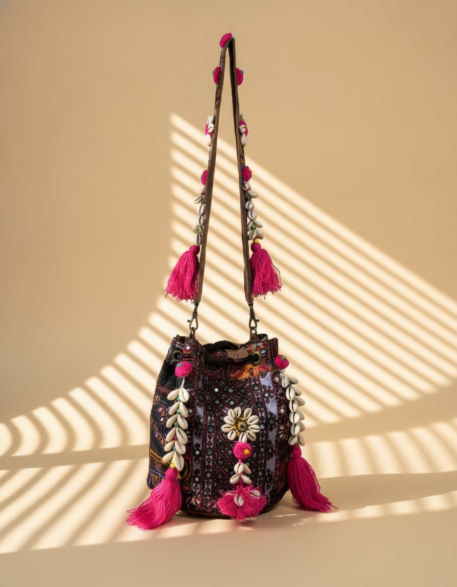 Shell Tassel Handcrafted Bucket Bag — Blackberry Bloom (Medium)