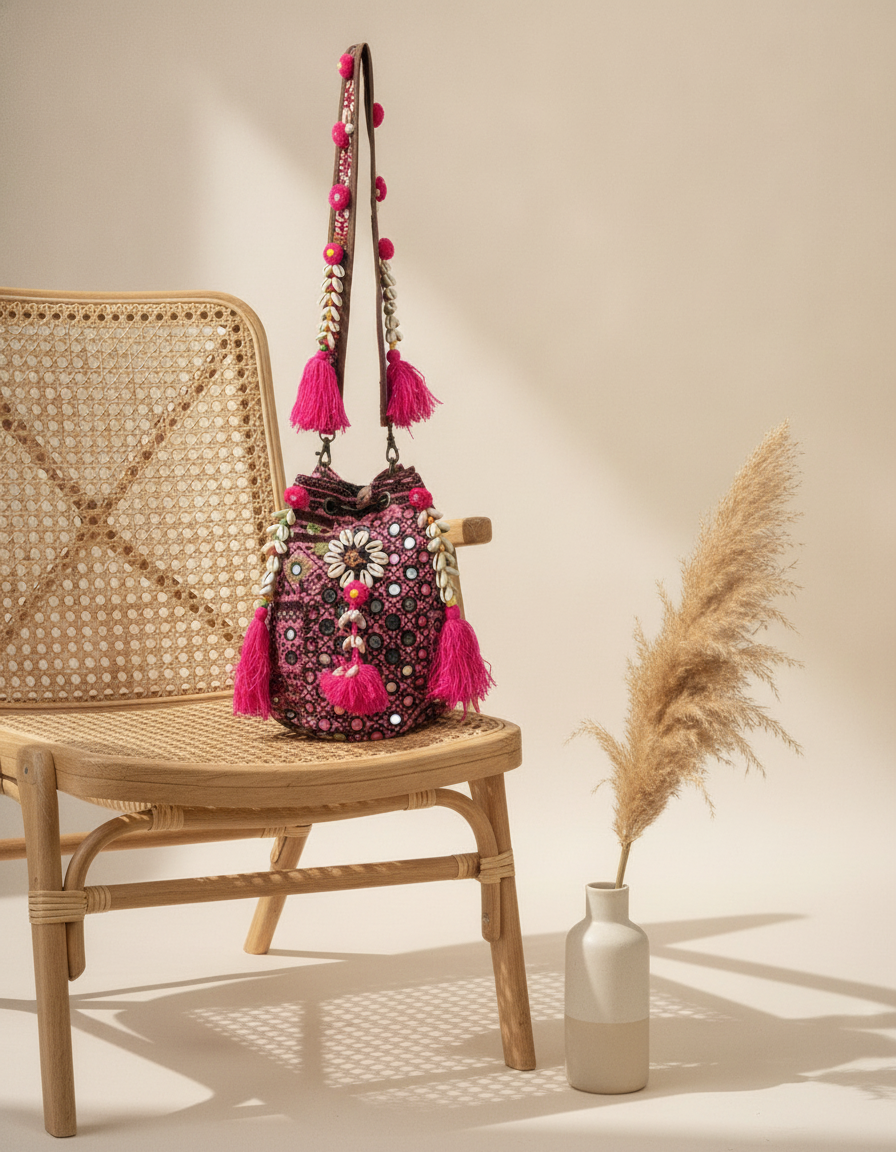 Shell Tassel Handcrafted Bucket Bag — Wine Dahlia (Medium)