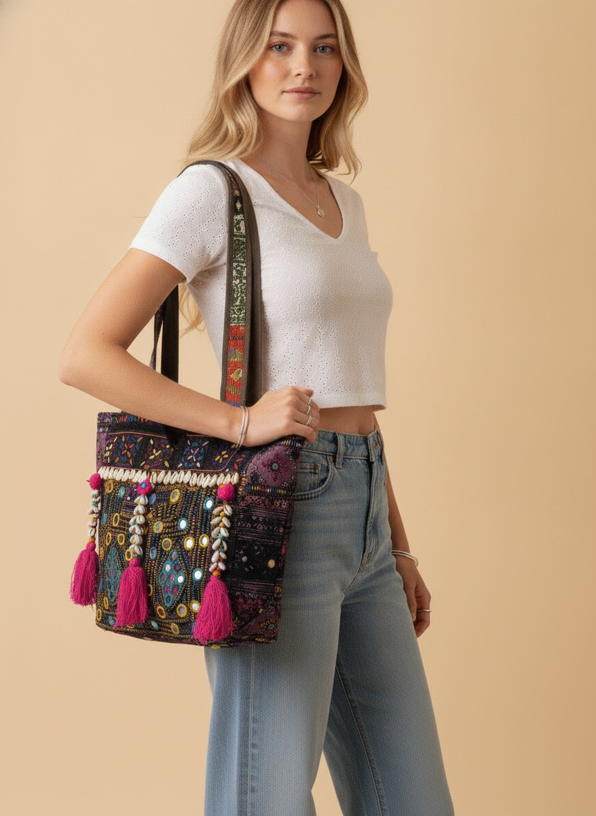 Shell Tassel Handcrafted Tote Bag — Ebony Tapestry