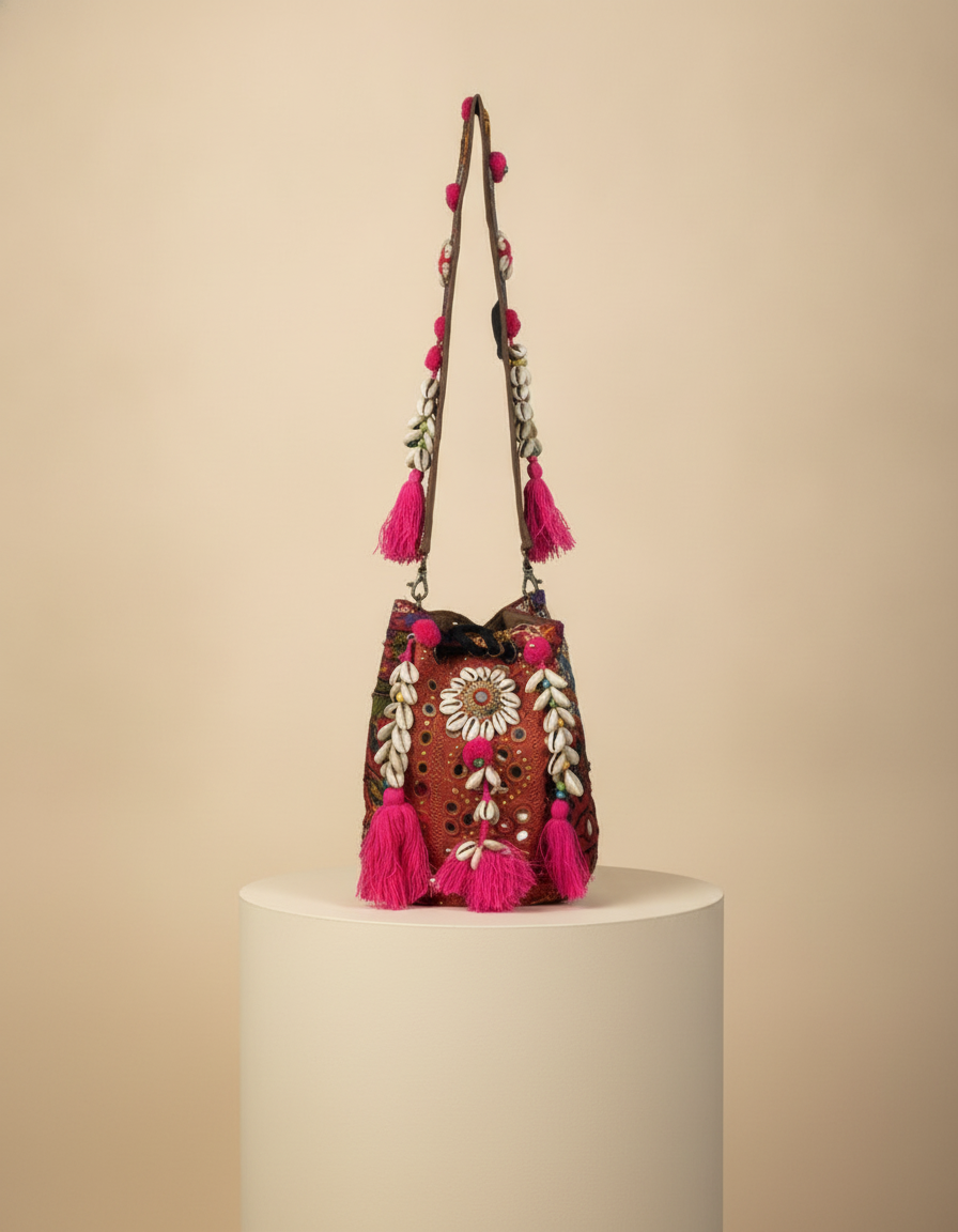 Shell Tassel Handcrafted Bucket Bag — Vermilion Spark (Medium)