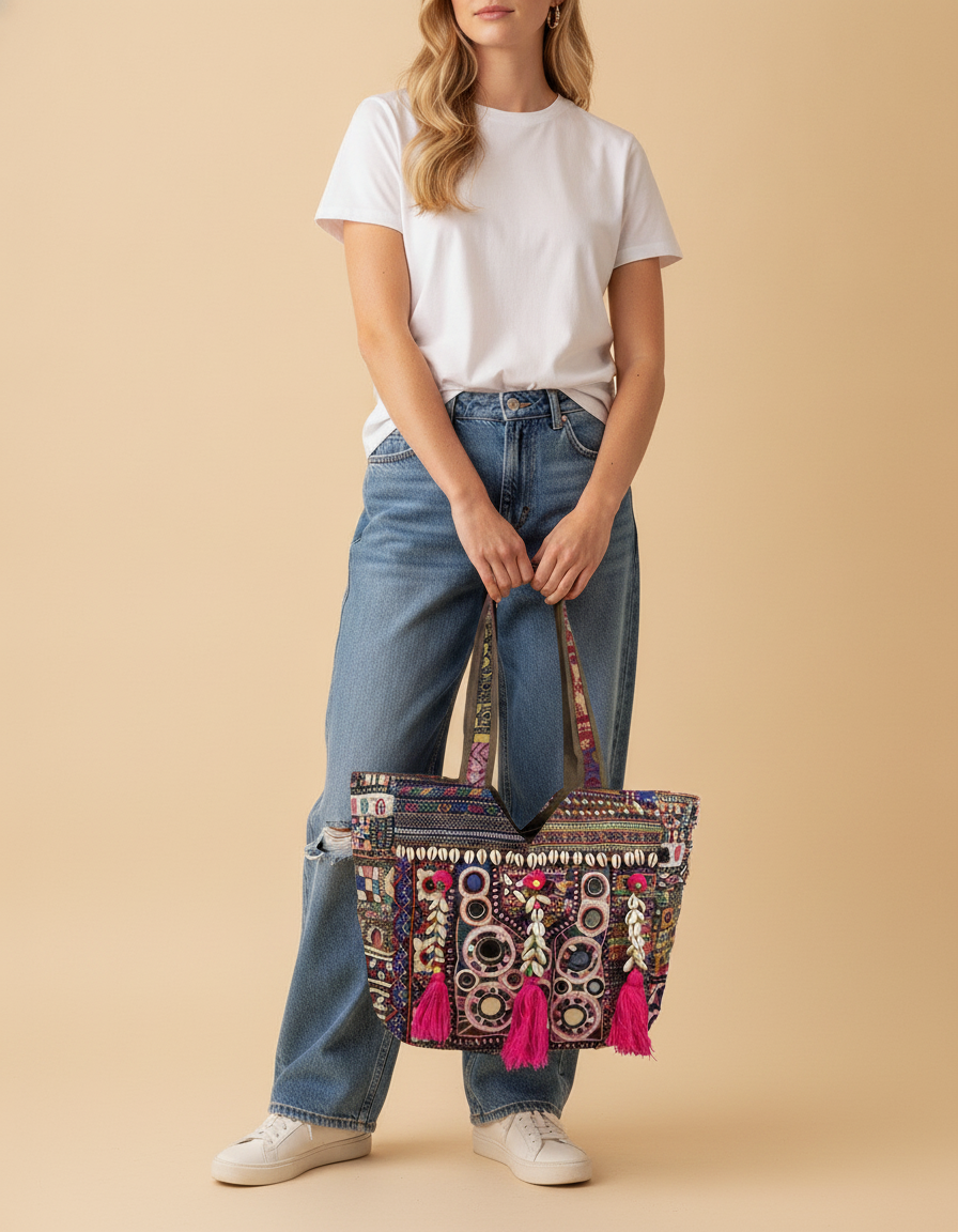 Shell Tassel Handcrafted Tote Bag — Onyx Tapestry