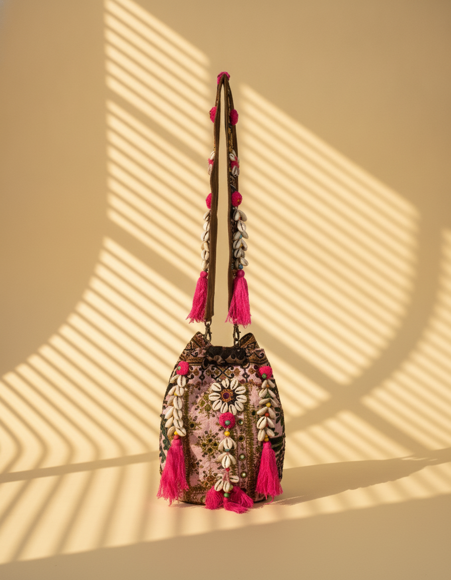 Shell Tassel Handcrafted Bucket Bag — Almond Bloom (Medium)