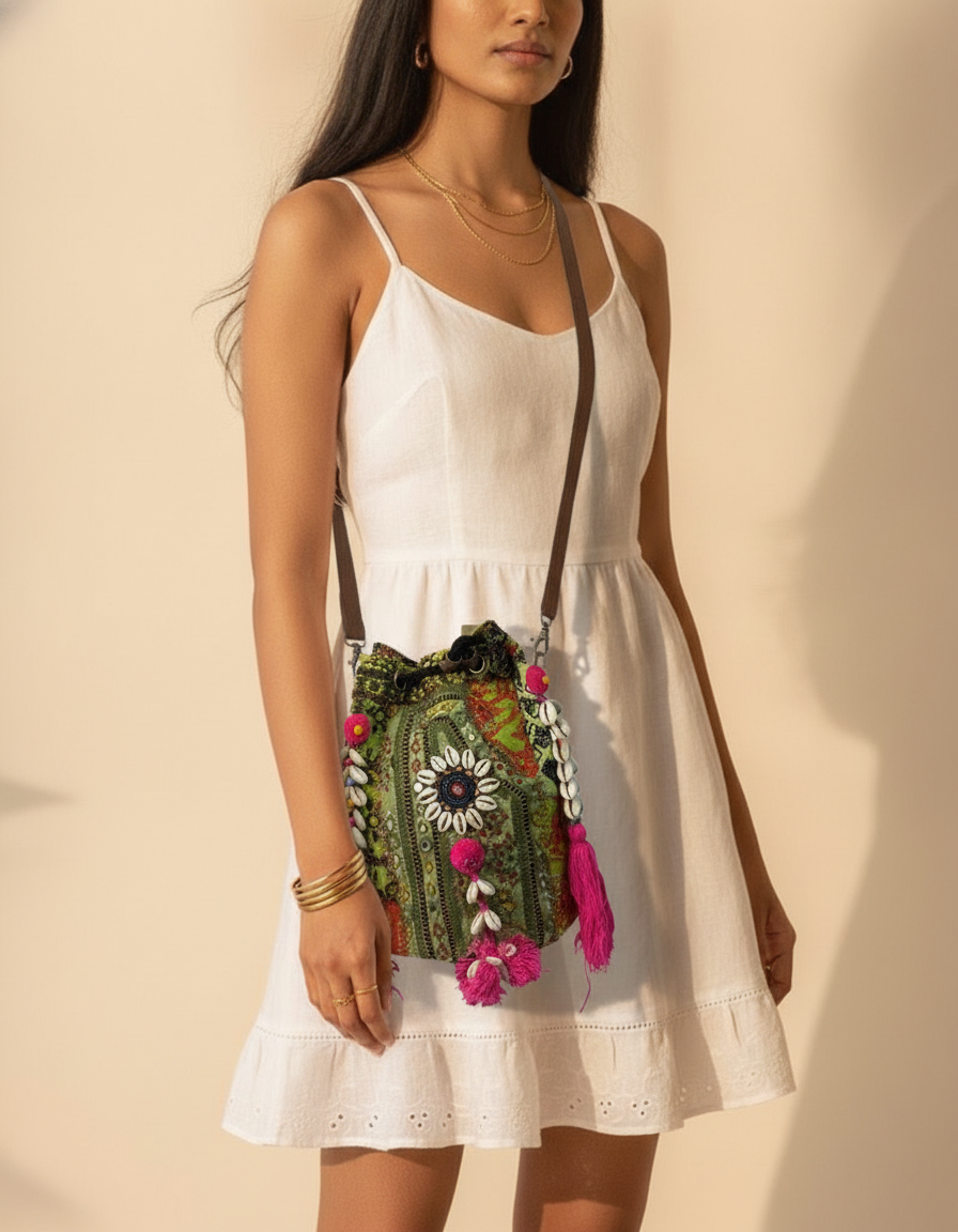 Shell Tassel Handcrafted Bucket Bag — Fern Prism (Medium)