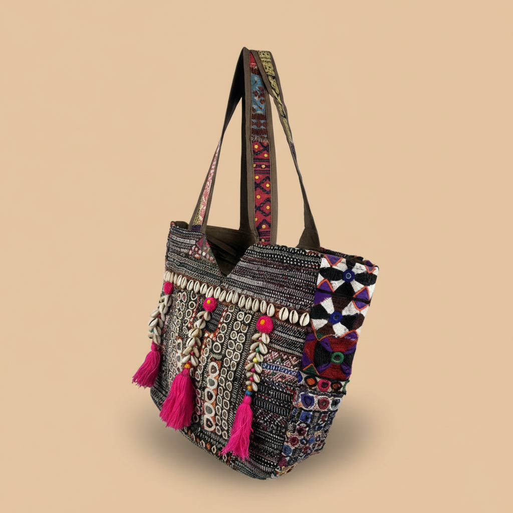 Shell Tassel Handcrafted Tote Bag — Charcoal Tapestry