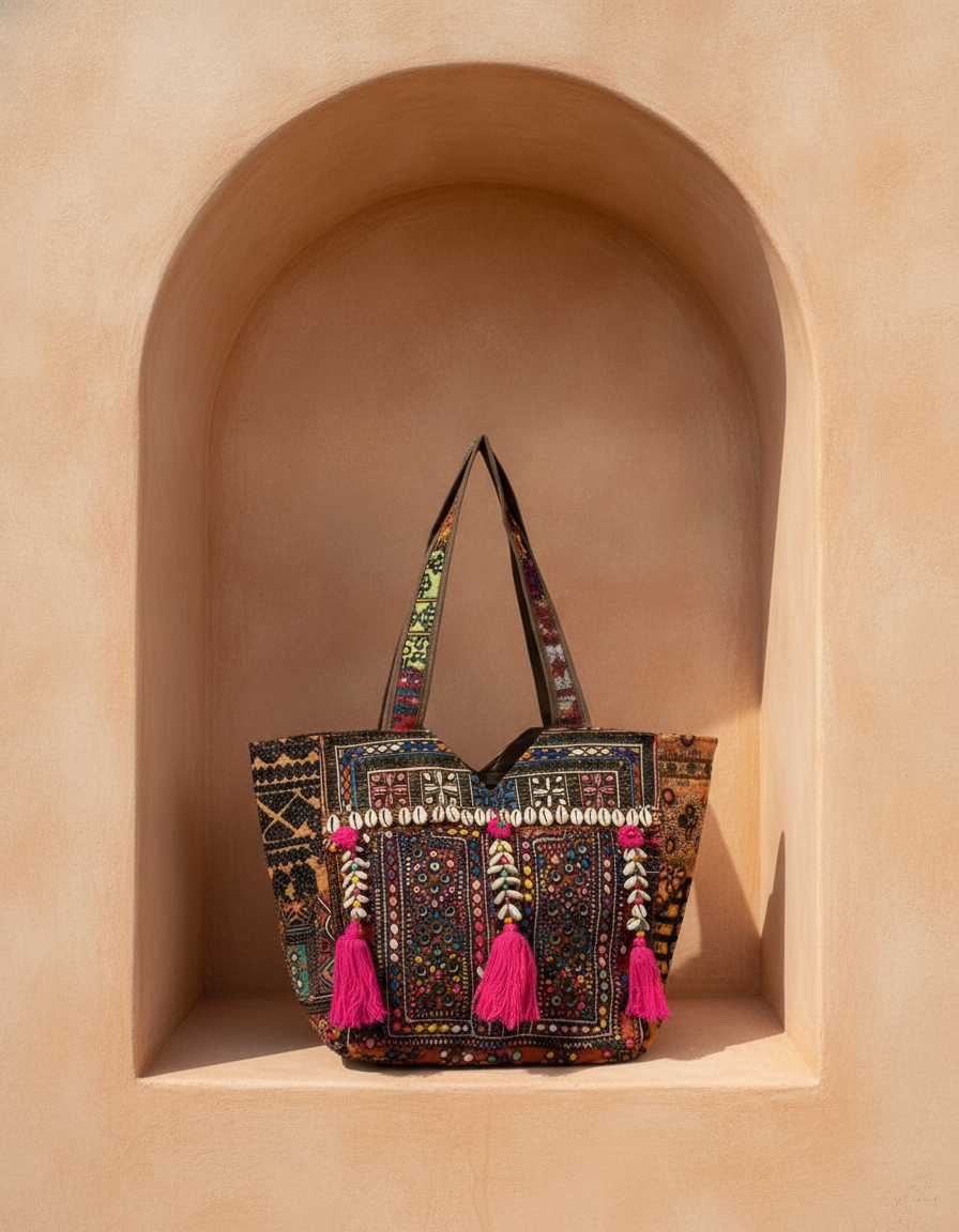 Shell Tassel Handcrafted Tote Bag — Espresso Mosaic