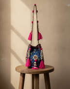 Shell Tassel Handcrafted Bucket Bag — Azure Dahlia (Medium)