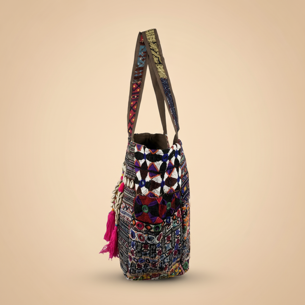 Shell Tassel Handcrafted Tote Bag — Charcoal Tapestry