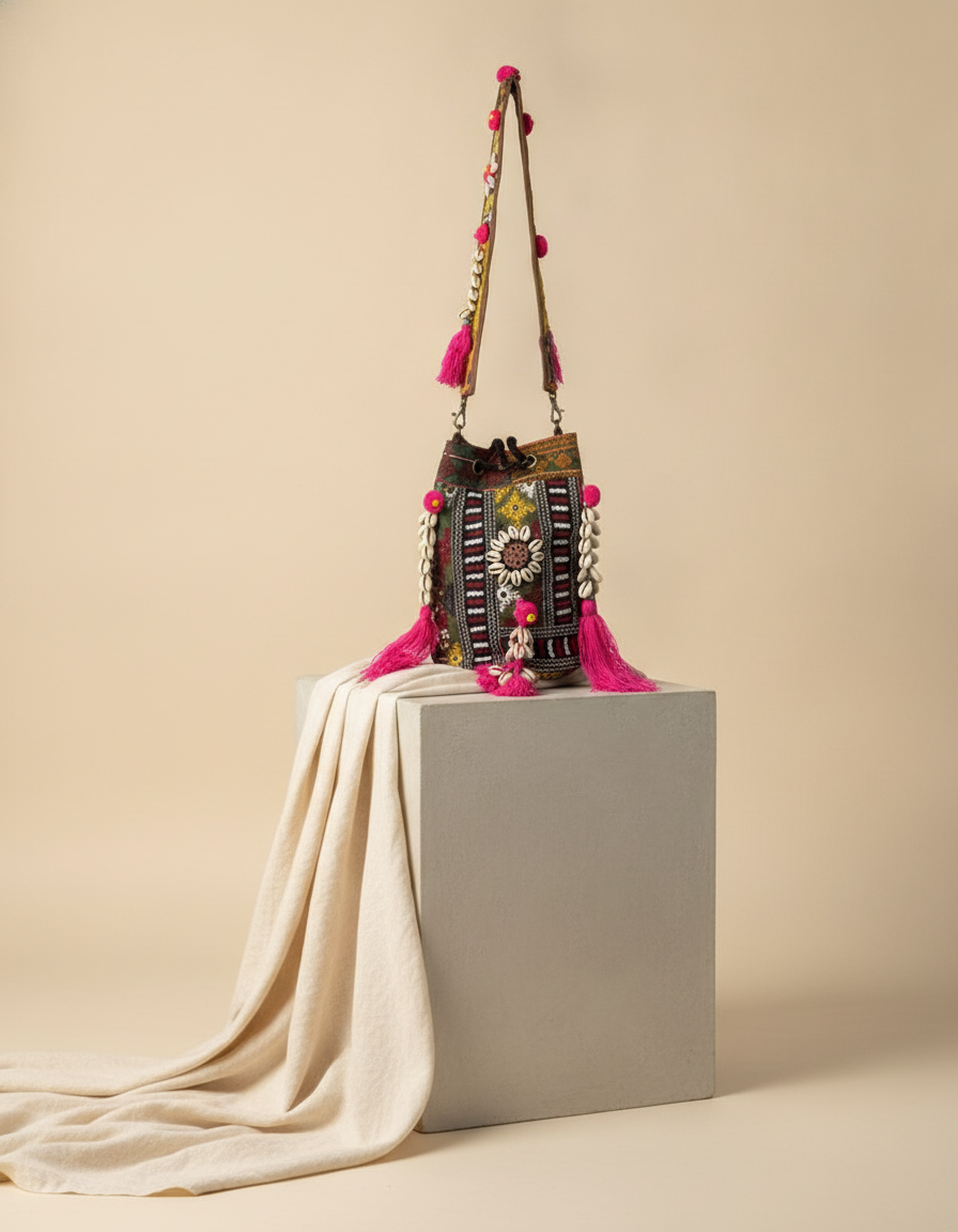 Shell Tassel Handcrafted Bucket Bag — Hazel Bloom (Medium)