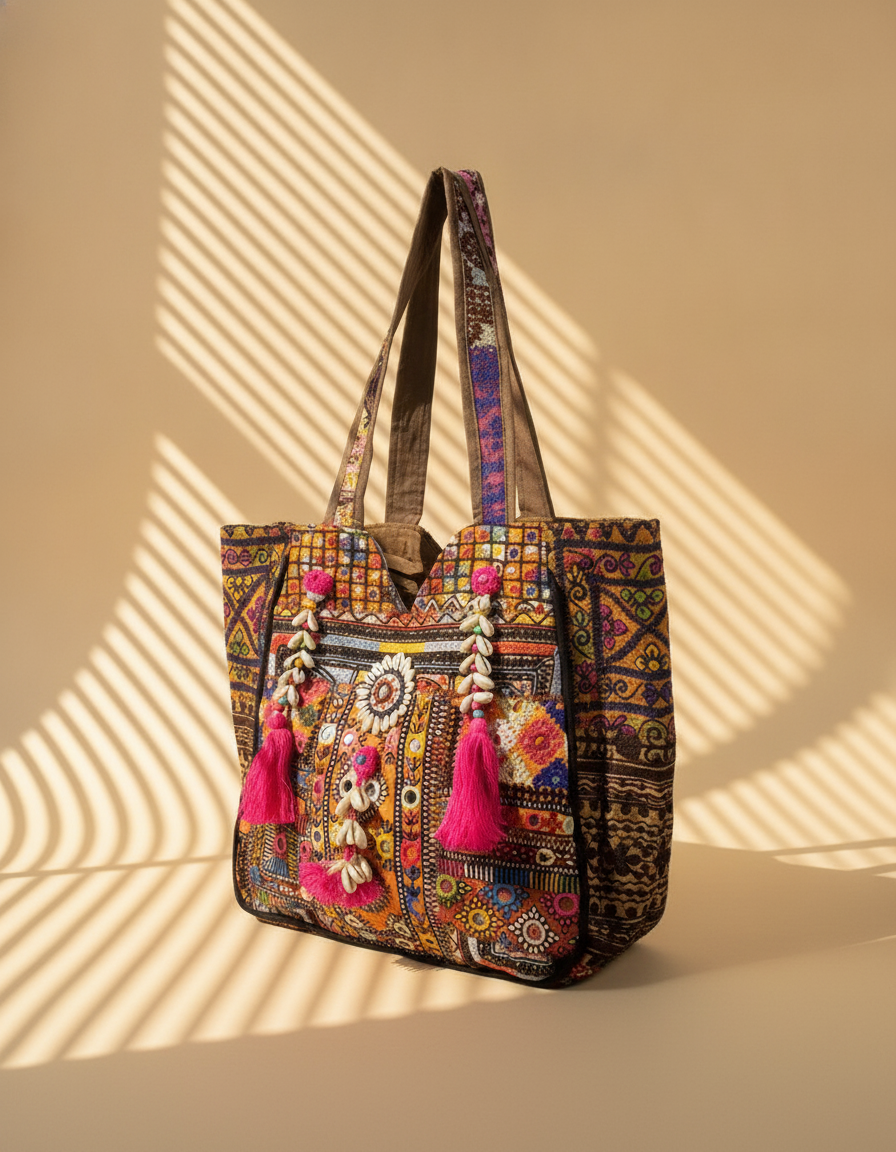 Shell Tassel Handcrafted Oversized Tote Bag — Saffron Caravan