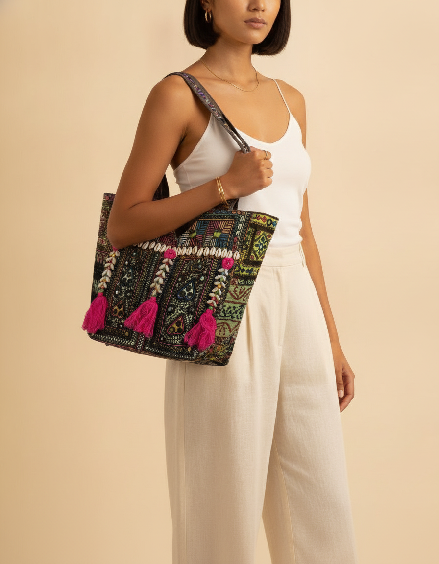 Shell Tassel Handcrafted Tote Bag — Bronze Tapestry