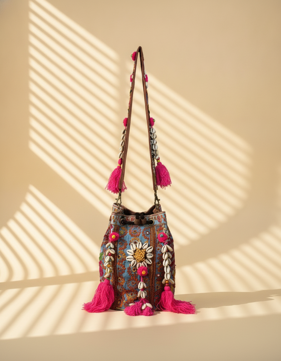 Shell Tassel Handcrafted Bucket Bag — Fawn Bloom (Medium)
