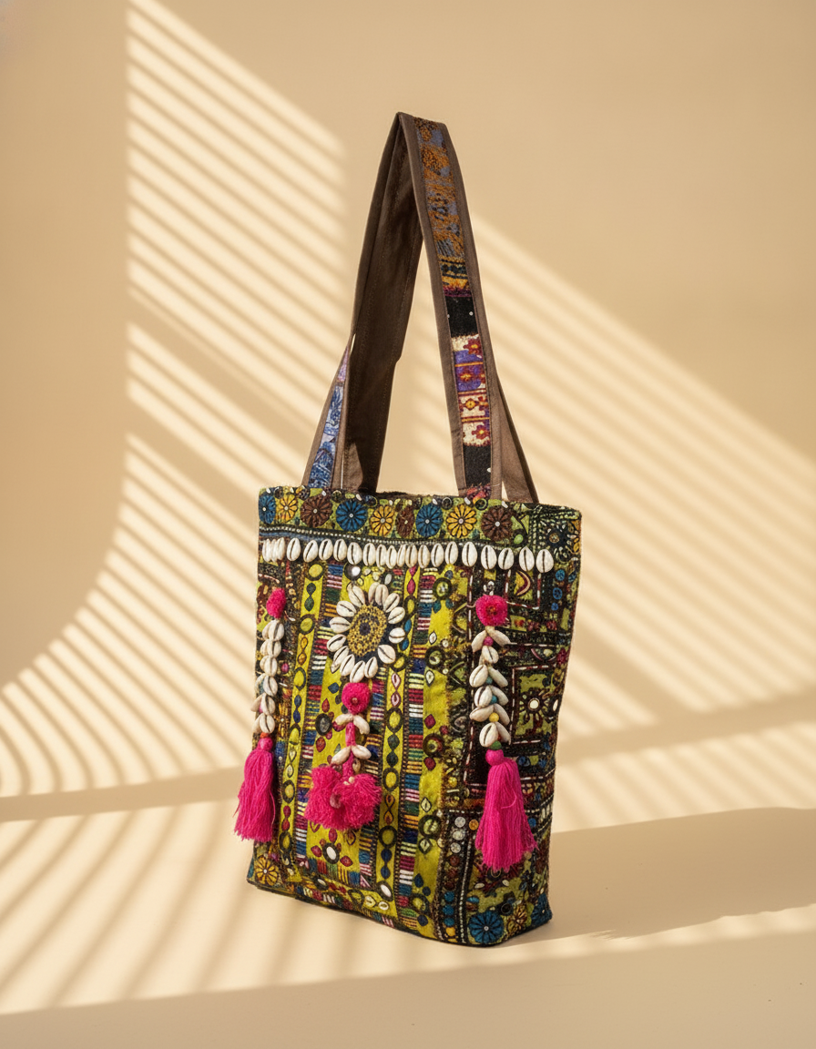Shell Tassel Handcrafted Tote Bag — Olive Mosaic