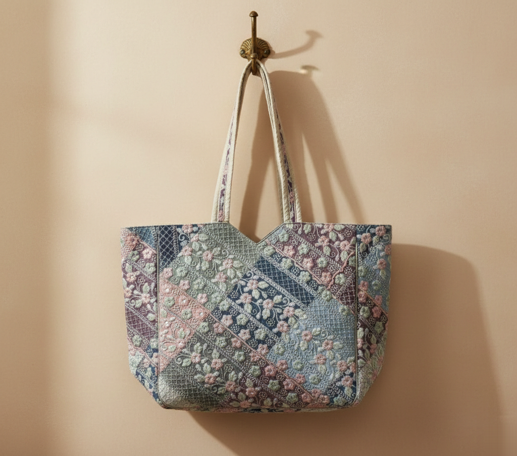 Ahir embroidery ivory tote bag front view — Mystic Dhaga