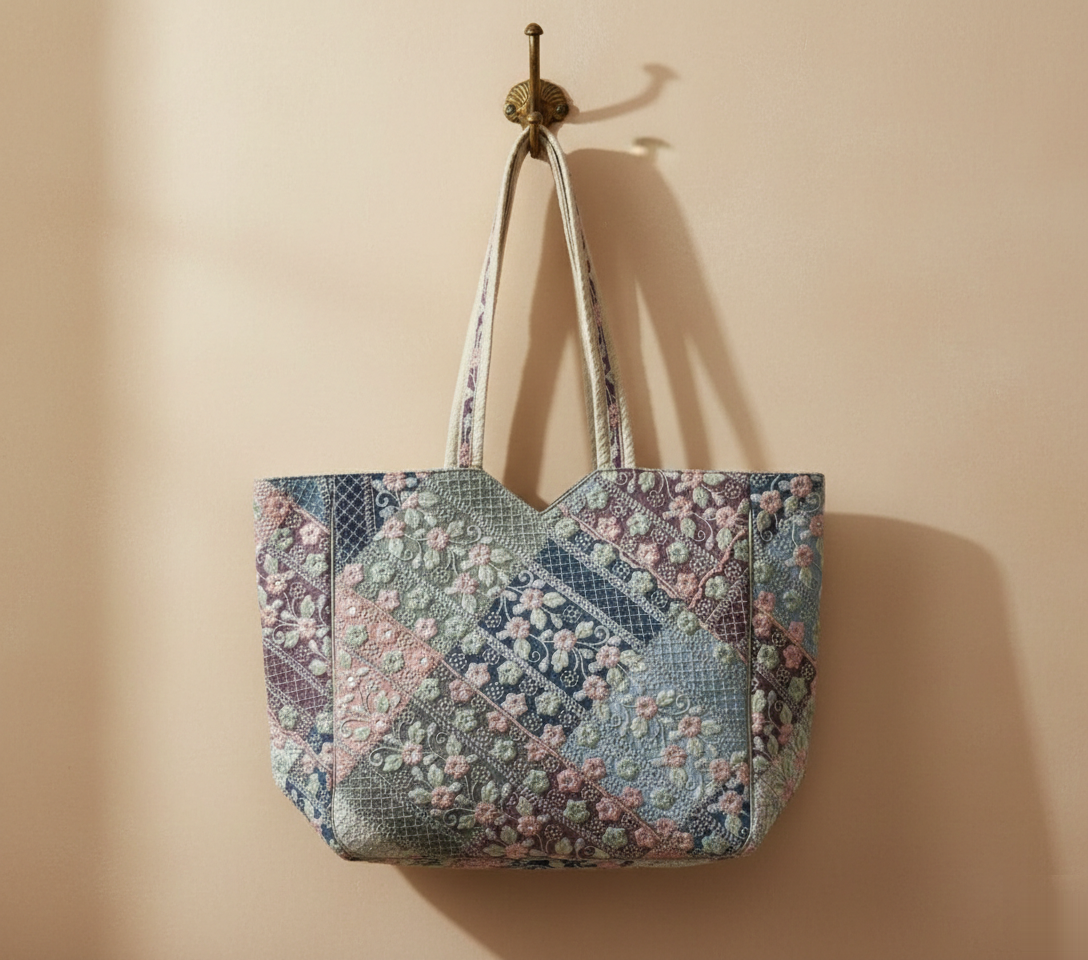 Ahir embroidery ivory tote bag front view — Mystic Dhaga