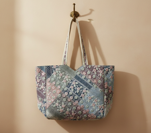Ahir embroidery ivory tote bag front view — Mystic Dhaga