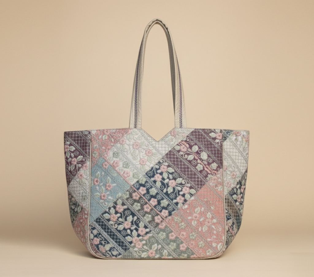 Close-up of Ahir embroidery floral stitching detail on ivory tote