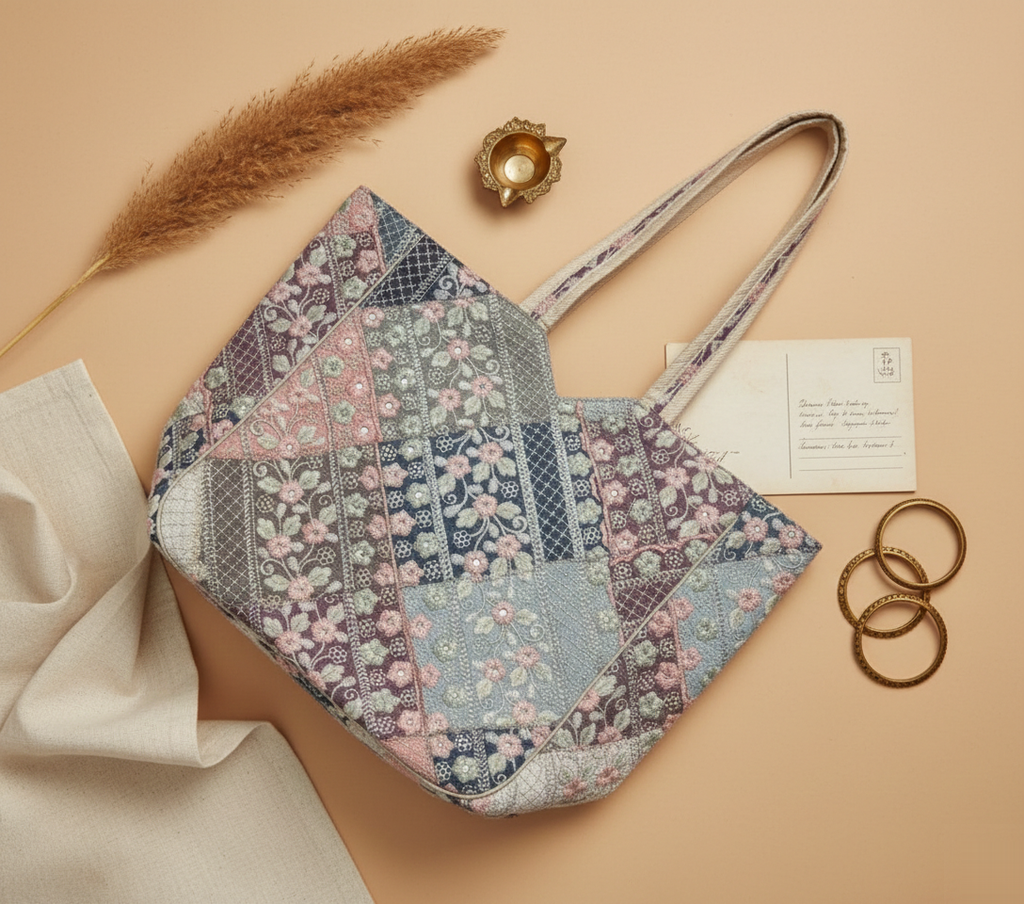 Model carrying Ahir embroidery ivory tote bag — boho style