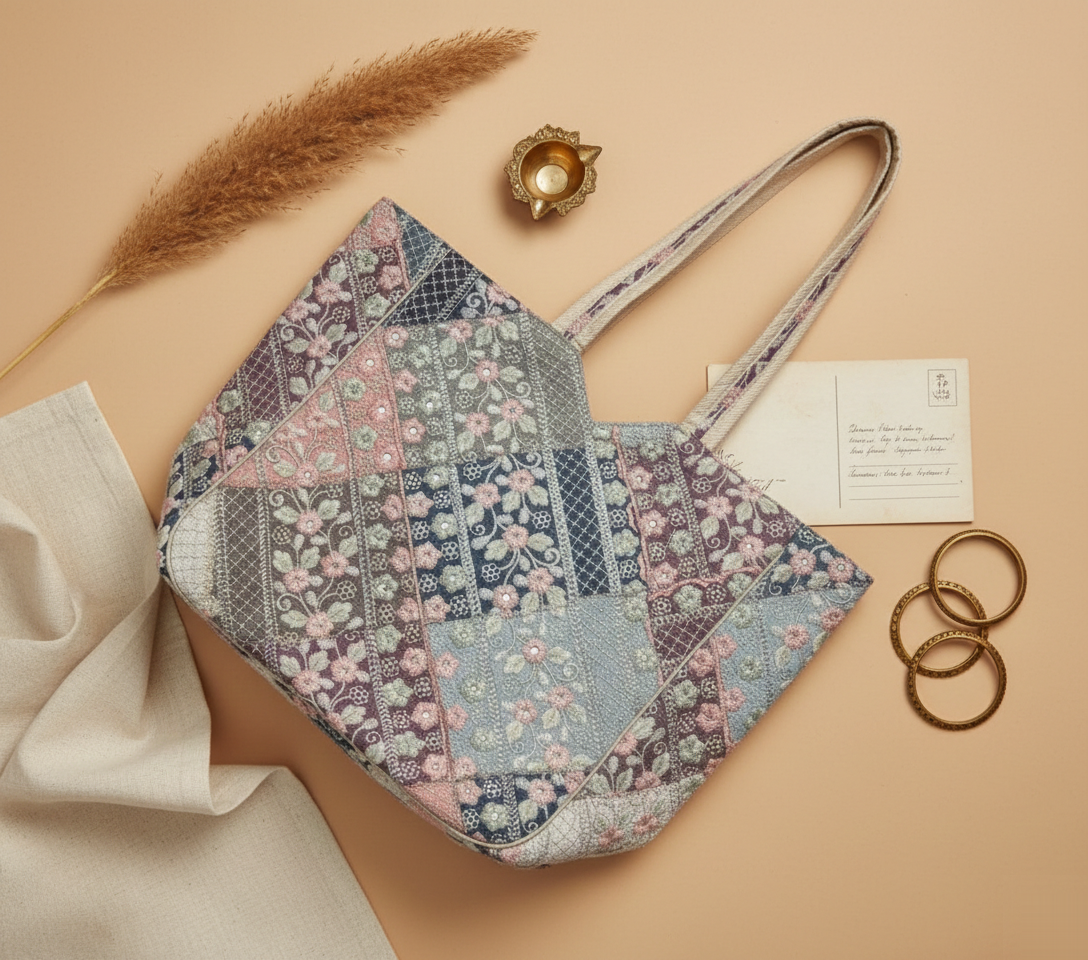 Model carrying Ahir embroidery ivory tote bag — boho style
